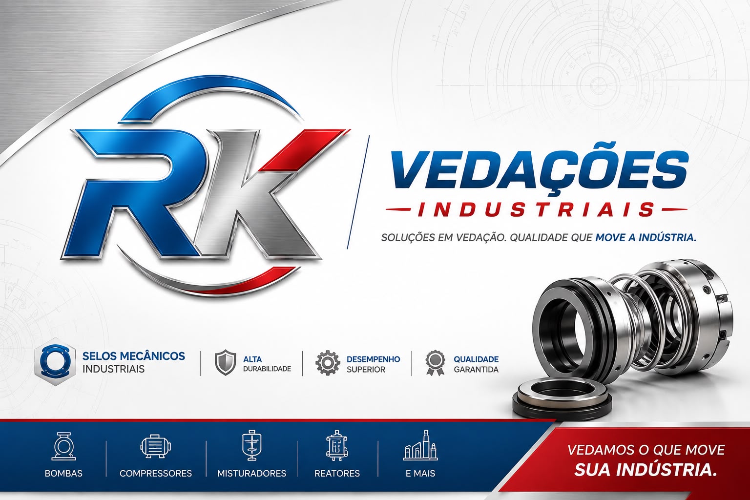 Cartão institucional da RK Vedações Industriais com selos mecânicos